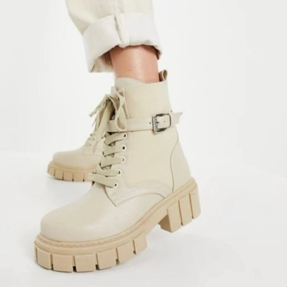 Simmi London Kai Stone Tan Chunky Combat Boots Lug Sole Buckle Edgy Grunge 9